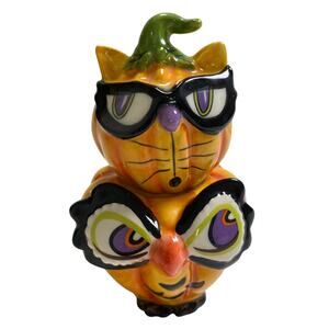 Cracker Barrel Mini Halloween Pumpkins Cat Salt & Pepper Shakers Set Stackable